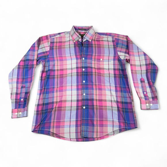 Vintage Colours Alexander Julian Shirt Adult LARGE Pink Plaid Madras Purple 90s - Picture 1 of 9